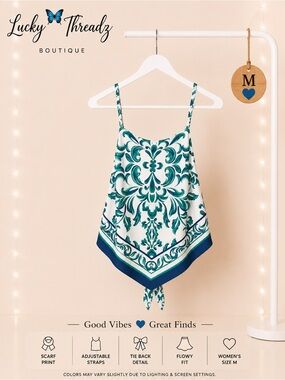 Bwear White Scarf-Print Handkerchief Tie Back Tank with Teal and Navy. Size Med